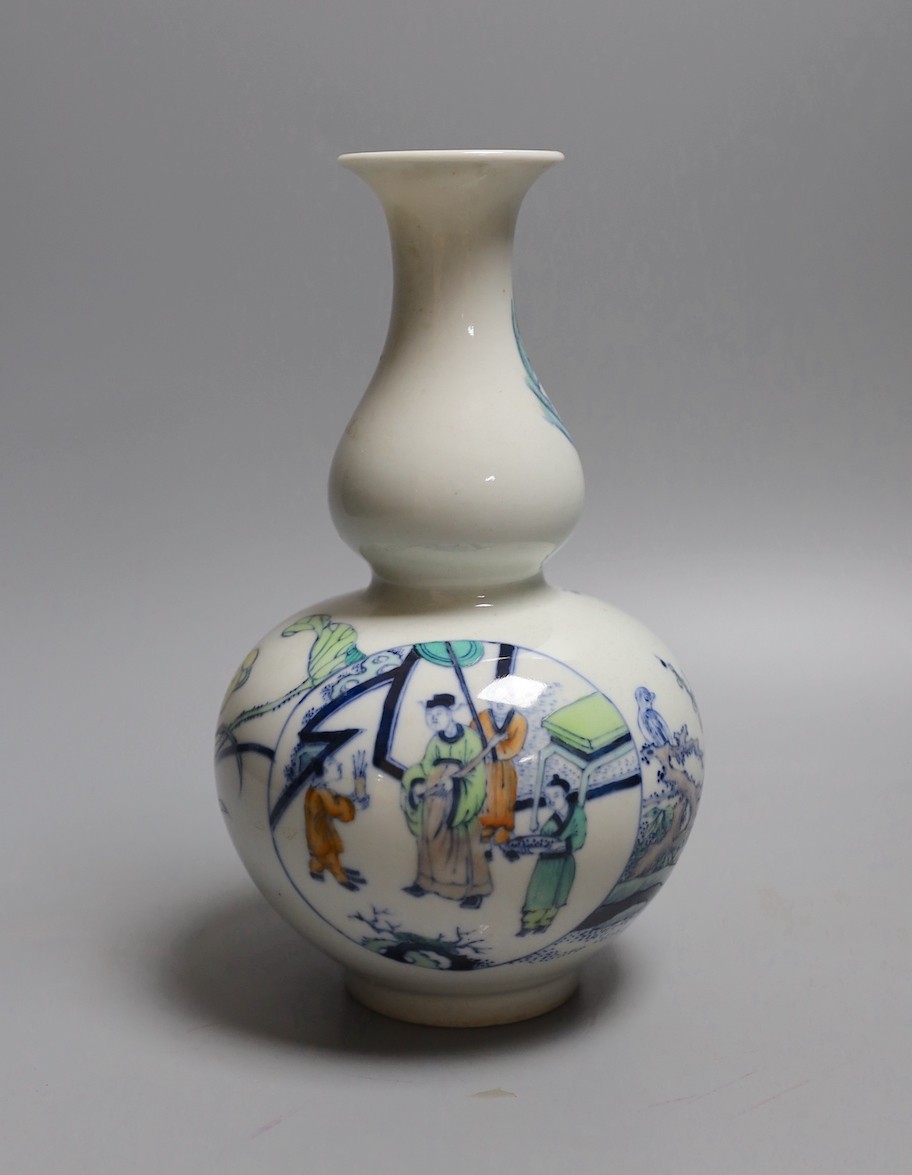 A Chinese doucai double gourd vase, Kangxi mark but later 21cm